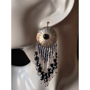 Vintage 3.5" Native American Sterling Silver Black & Onyx Beaded Dangle Earrings
